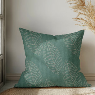Modern Boho Botanical Leaves On Dark Green Fabric  Cushion