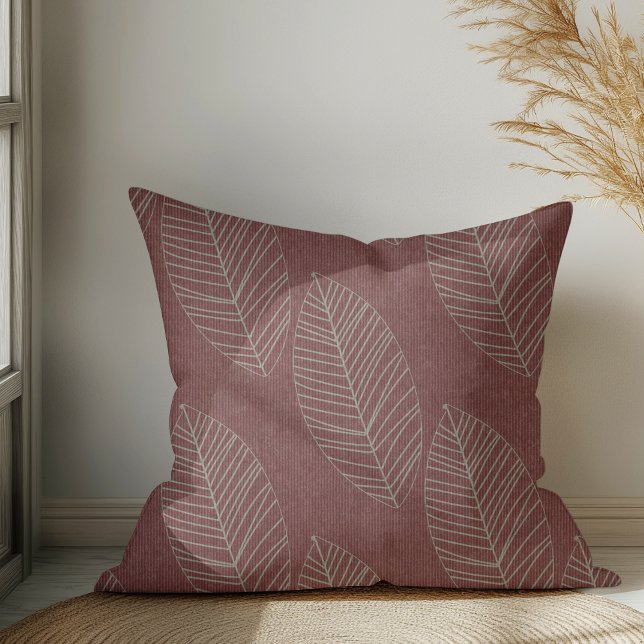 Modern Boho Botanical Leaves On Deep Red Fabric  Cushion (Creator Uploaded)