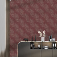 Modern Boho Botanical Leaves On Deep Red Fabric 