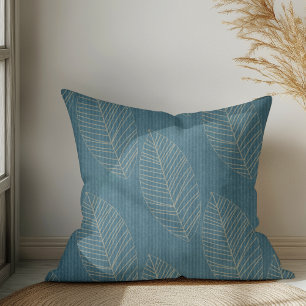 Modern Boho Botanical Leaves On Ocean Blue Fabric Cushion