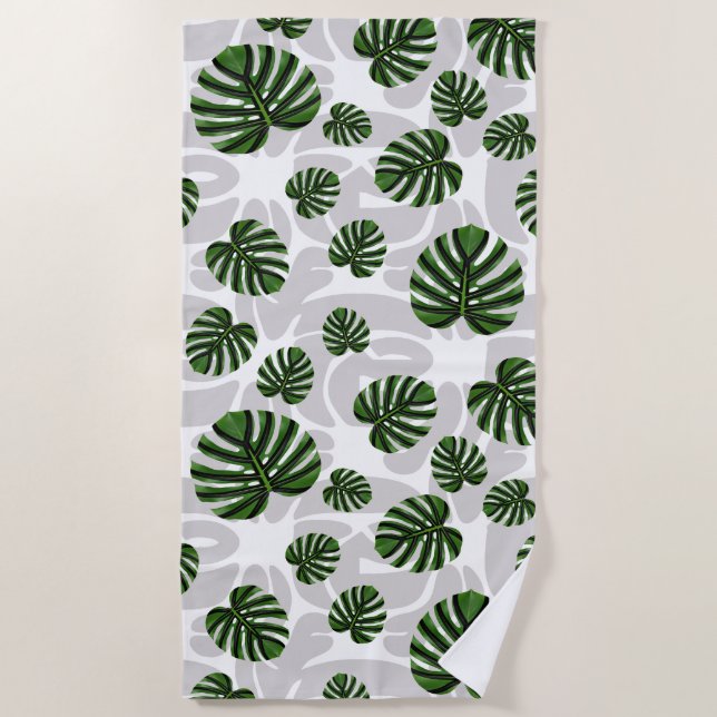 Modern Boho Botanical Leaves Pattern Beach Towel (Front)