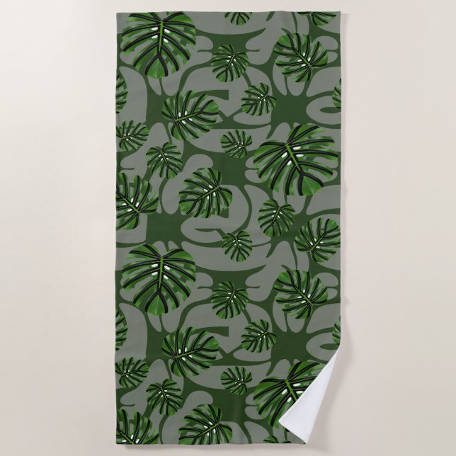 Modern Boho Botanical Leaves Pattern Beach Towel (Front)