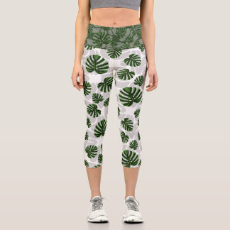 Modern Boho Botanical Leaves Pattern Capri Leggings