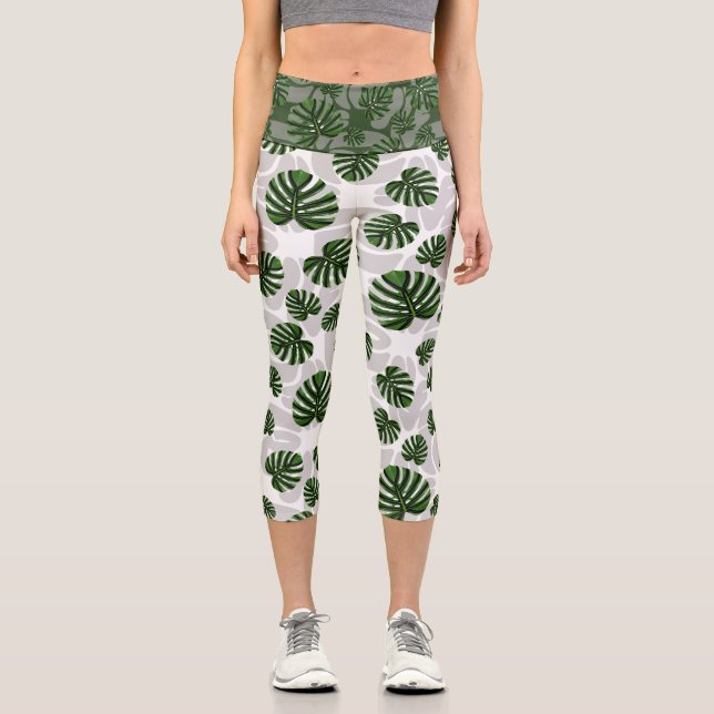 Modern Boho Botanical Leaves Pattern Capri Leggings (Front)
