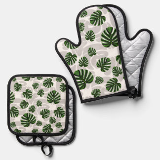 Modern Boho Botanical Leaves Pattern Oven Mitt & Pot Holder Set