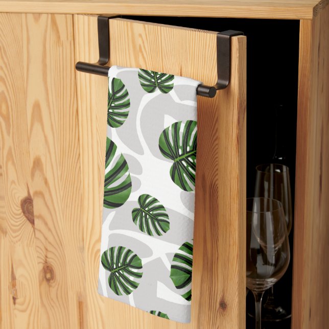 Modern Boho Botanical Leaves Pattern Tea Towel (Thirds Fold)