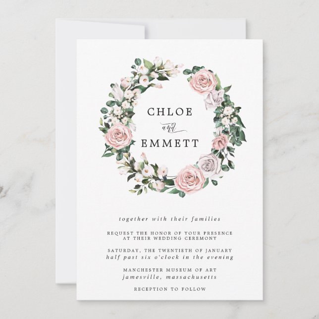 Modern Boho Botanical Rose Floral Wreath Wedding Invitation (Front)