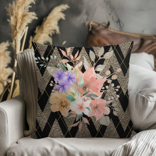 Modern Boho Botanical With Glitter Chevron Black Cushion