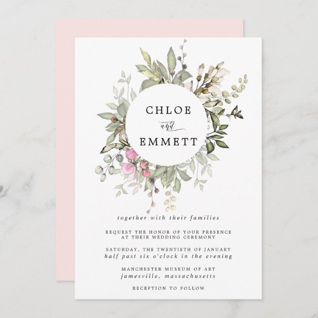 Modern Boho Botanical Wreath Wedding Invitation (Front/Back)