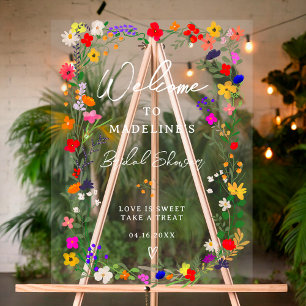 Modern boho bright wild flowers bridal welcome acrylic sign