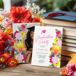 Modern Boho Bright Wildflowers Photo Graduation  Invitation