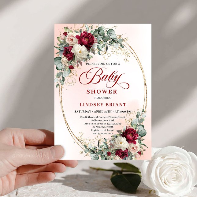 Modern Boho Burgundy and Gold Baby Shower Invite (Modern Boho Burgundy and Gold Baby Shower Invite)