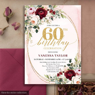Modern Boho Burgundy Blush Floral 60th Birthday Invitation