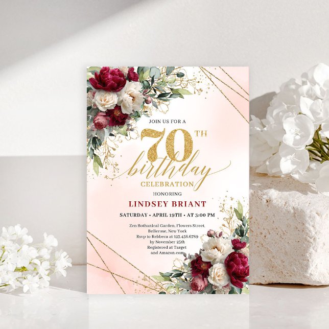 Modern Boho Burgundy Floral 70 Years Young Invite (Modern Boho Burgundy Floral 70 Years Young Invite)