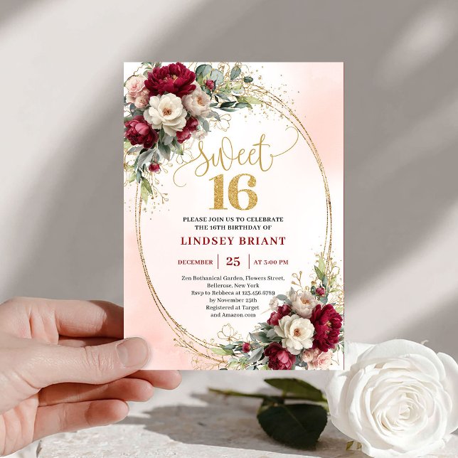 Modern Boho Burgundy Gold Floral 16th Birthday   Invitation (Modern Boho Burgundy Gold Floral 16th Birthday Invite)
