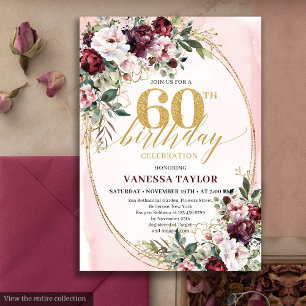 Modern Boho Burgundy Roses 60th Birthday Invite