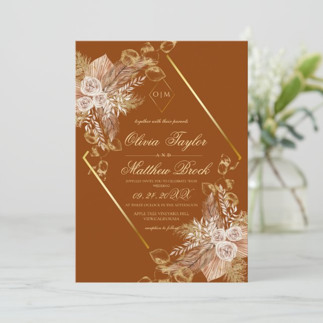 Modern Boho Burnt Orange  Wedding Invitation (Standing Front)