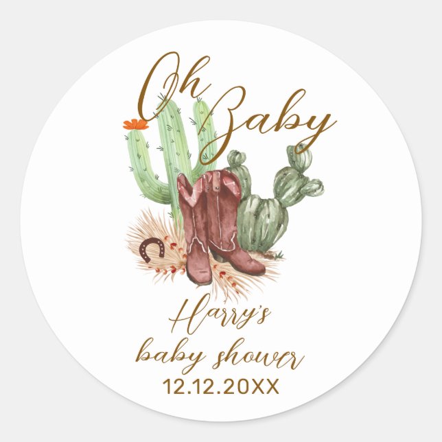 Modern Boho Cactus Cowboy Shoes Baby Shower  Classic Round Sticker (Front)