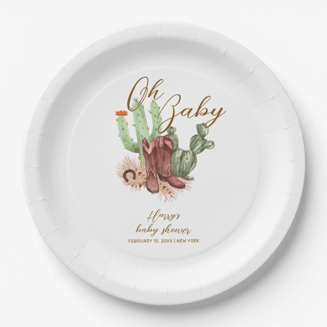 Modern Boho Cactus Cowboy Shoes Baby Shower  Paper Plate (Front)