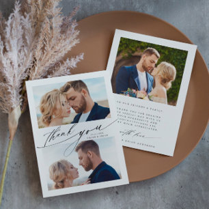 Modern Boho Calligraphy 3 Photo Wedding Thank You Card