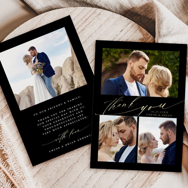 Modern Boho Calligraphy 4 Photo Wedding Thank You (Front & Back)