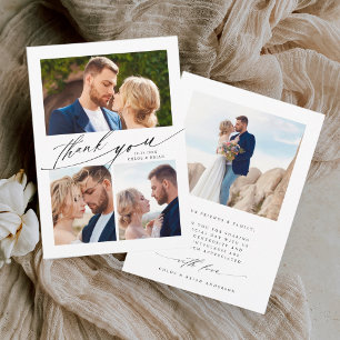 Modern Boho Calligraphy 4 Photo Wedding Thank You Card