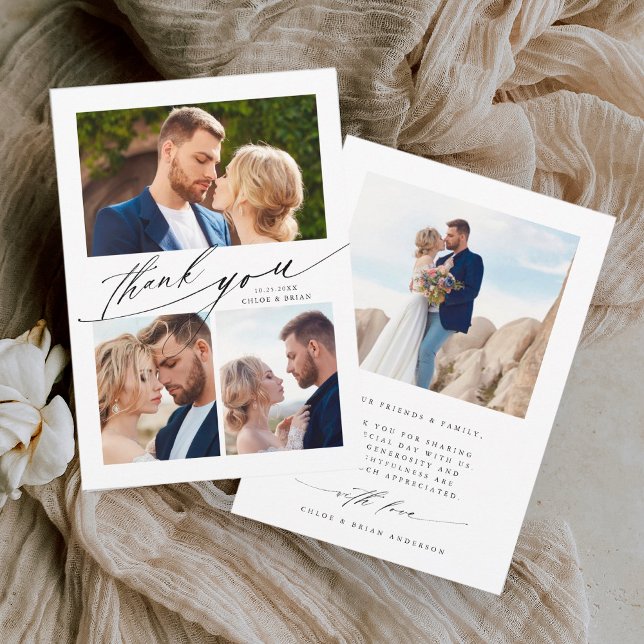 Modern Boho Calligraphy 4 Photo Wedding Thank You Card (Creator Uploaded)