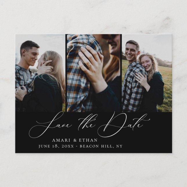 Modern Boho Calligraphy Multi-Photo Save the Date Announcement Postcard (Front)