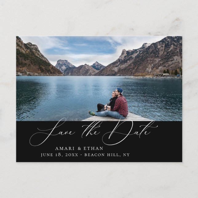 Modern Boho Calligraphy Photo Save the Date Announcement Postcard (Front)