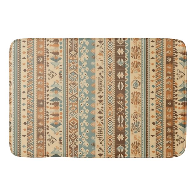 Modern Boho Camel Brown Turquoise Bath Mat (Front)
