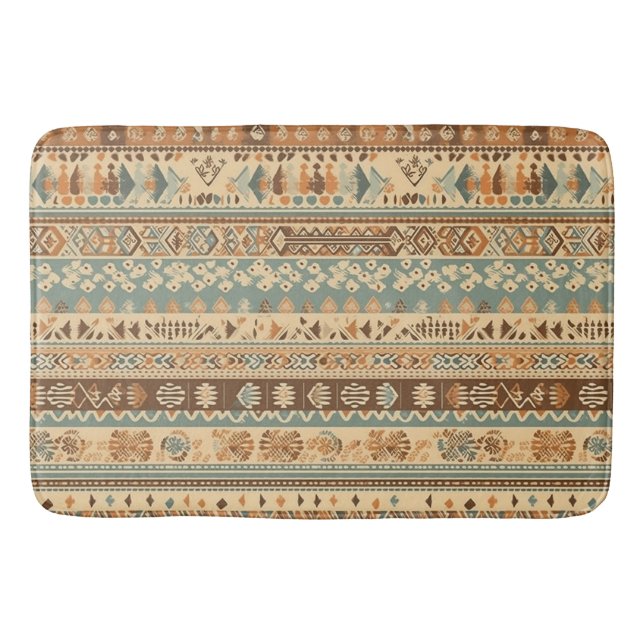 Modern Boho Camel Brown Turquoise Bath Mat (Front)