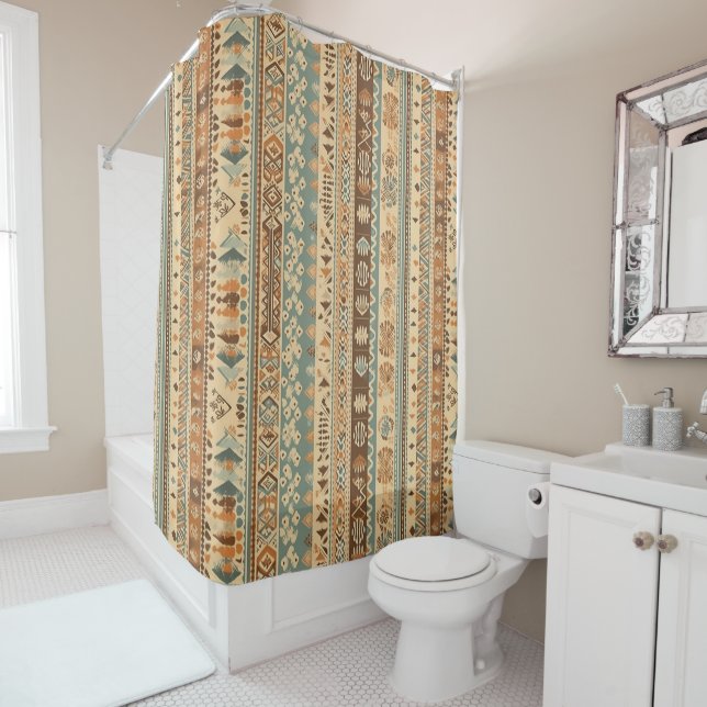 Modern Boho Camel Brown Turquoise Shower Curtain (In Situ)