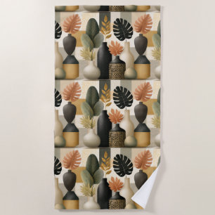 Modern Boho Ceramic Vases and Botanical Leaves Beach Towel