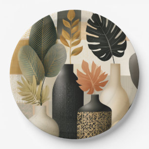 Modern Boho Ceramic Vases and Botanical Leaves Paper Plate
