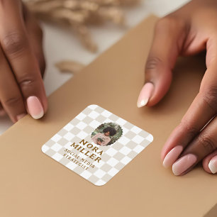Modern Boho Chequered Pattern Photo Business Square Sticker