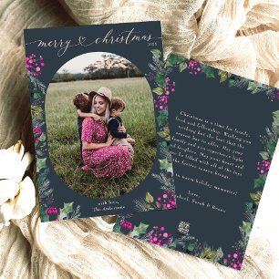 Modern Boho Chic Blue Pink Photo Christmas  Holiday Card