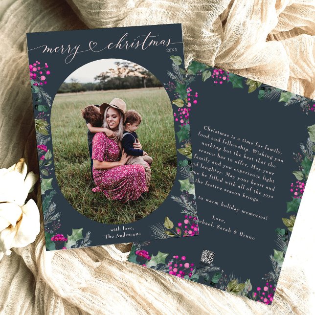 Modern Boho Chic Blue Pink Photo Christmas  Holiday Card (Creator Uploaded)