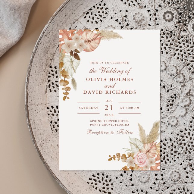 Modern Boho Chic Floral Pampas Grass Wedding Invitation (Modern Boho Chic Floral Pampas Grass Wedding Invitation on a beautiful neutral boho plate.)