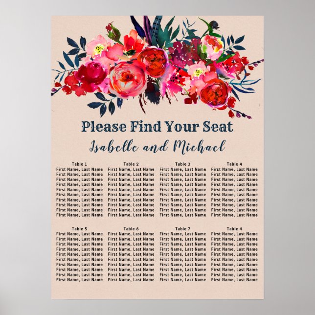 Modern Boho Chic Red Floral 8-Table Seating Chart (Front)