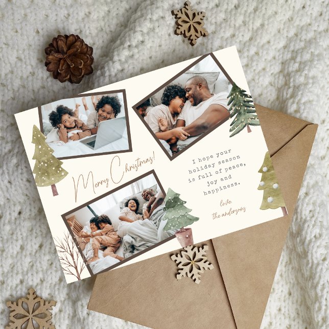 Modern Boho Christmas 3 Photo Collage Pine Trees Holiday Postcard (Creator Uploaded)