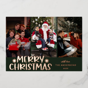 Modern Boho Christmas Tree Merry Christmas 3 Photo Foil Holiday Card