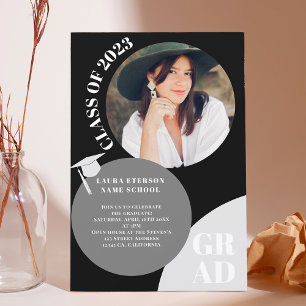 Modern boho circle black chic 5 photos graduation invitation