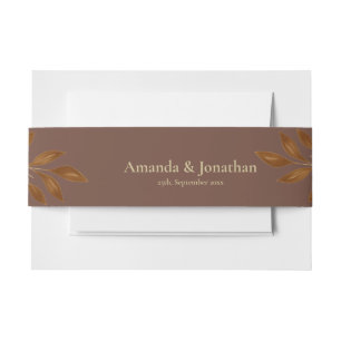 Modern Boho Coffee Brown and Gold Leaf Wedding Inv Invitation Belly Band