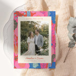 Modern Boho Colorful Red Floral Photo Wedding Save The Date<br><div class="desc">This save the date card features a favorite couple photo framed by a vibrant floral border in bright pink, coral, and blue. The colorful botanical pattern adds a cheerful, modern feel while keeping the focus on your engagement photo and wedding details. Names, date, and location appear below the image in...</div>