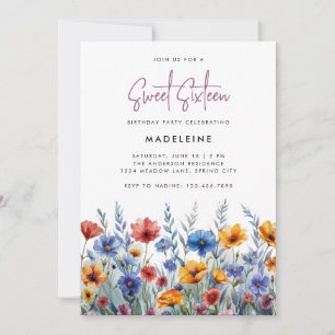 Modern Boho Colourful Wildflowers Sweet Sixteen Invitation