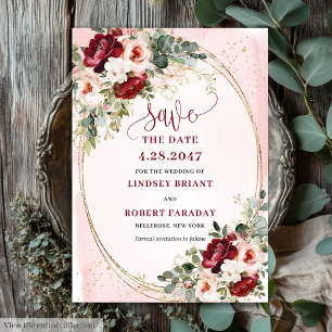 Modern Boho Deep Red Blush Gold Floral Save Date Invitation