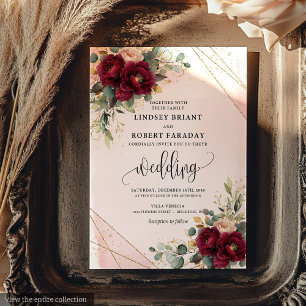 Modern Boho Deep Red Blush Gold Roses Chic Wedding Invitation