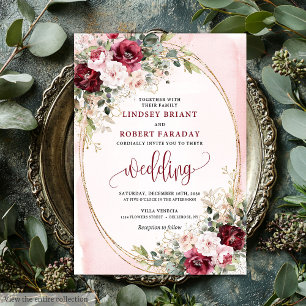 Modern Boho Deep Red Blush Gold Roses Sage Wedding Invitation