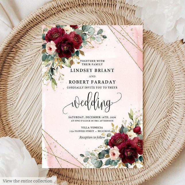 Modern Boho Deep Red Gold Blush Roses Wedding  Invitation (Modern Boho Deep Red Gold Blush Roses Wedding Invitation)