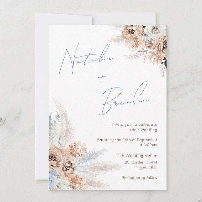 Modern Boho Dusty Blue Script Wedding Invitation (Front)